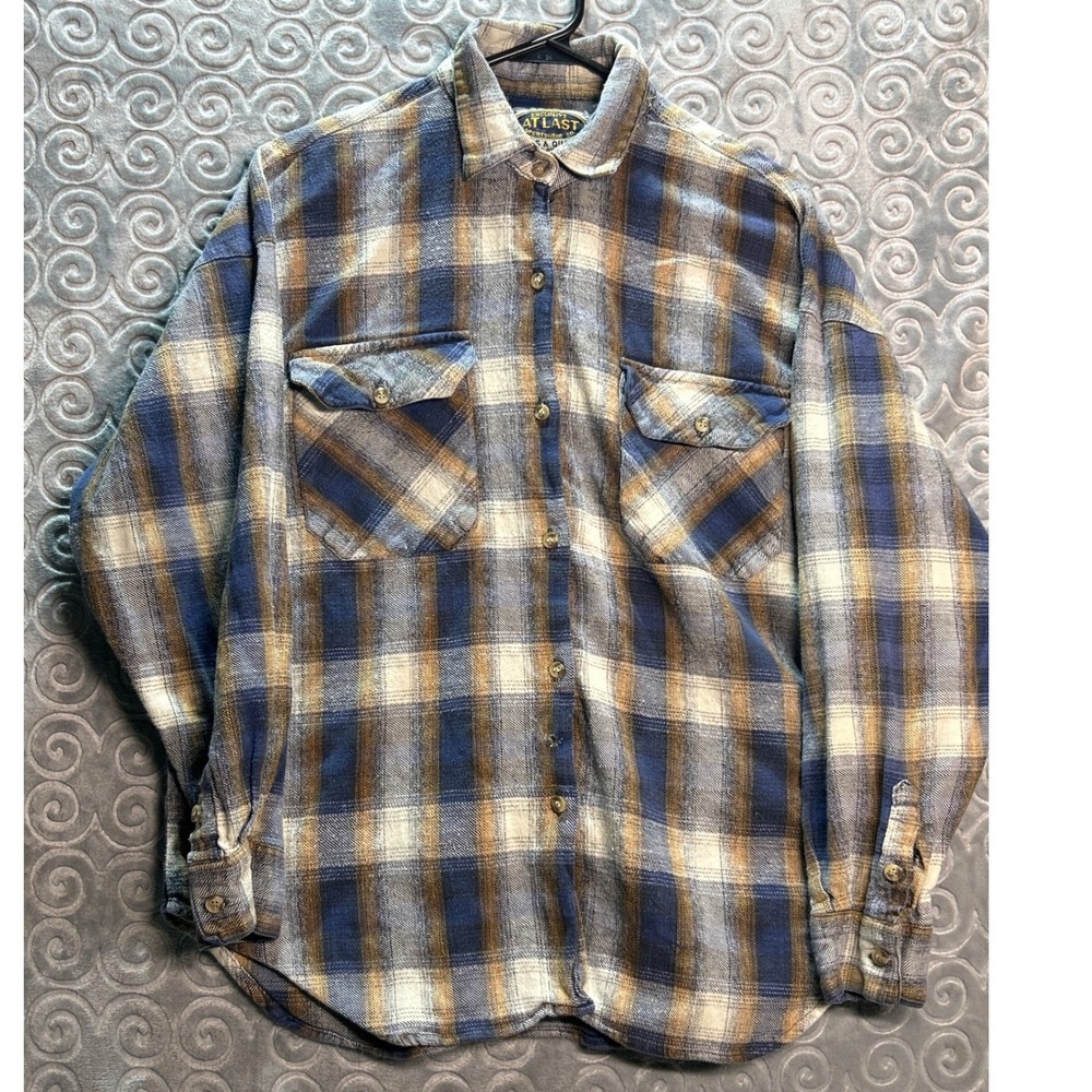 At Last Sportswear Co. Women's Plaid Flannel Shirt Brown Blue Large L‎